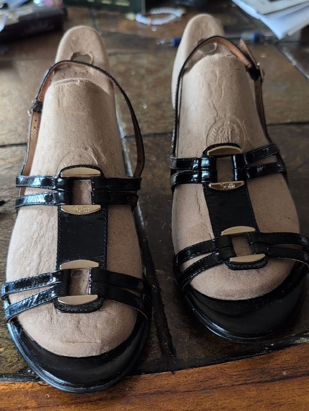 Sofft Black Patent Leather T-Strap Slingback Sandles